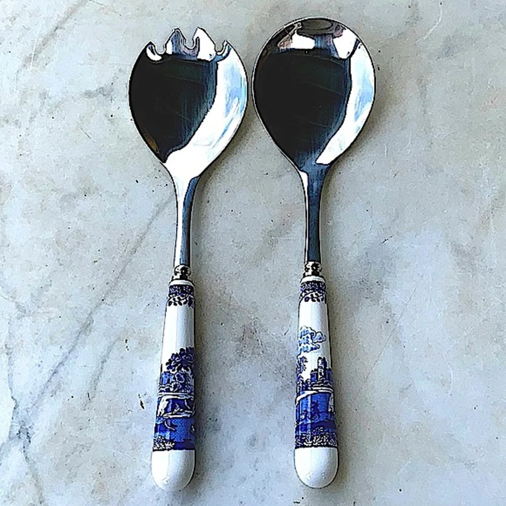 SPODE BLUE ITALIAN SALAD SERVERS SET OF 2 NIB NEW